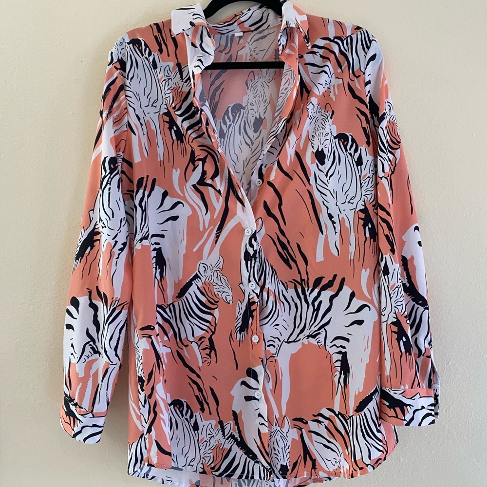 NWOT Shein Pink Zebra Button Down Blouse Size M